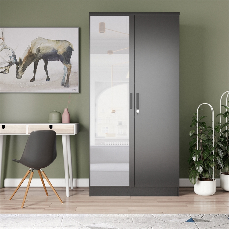 Better Home Products Harmony Two Door Armoire Wardrobe with Mirror in Black