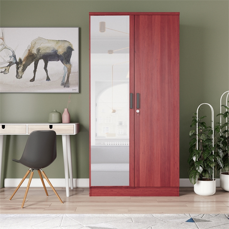 Better Home Products Harmony Two Door Armoire Wardrobe with Mirror in Mahogany
