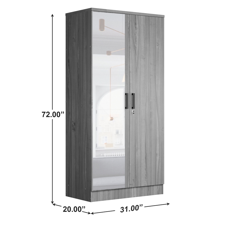 Better Home Products Harmony Two Door Armoire Wardrobe with Mirror in Gray