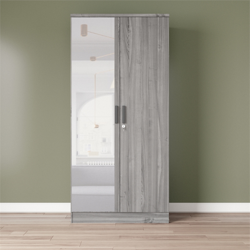 Better Home Products Harmony Two Door Armoire Wardrobe with Mirror in Gray