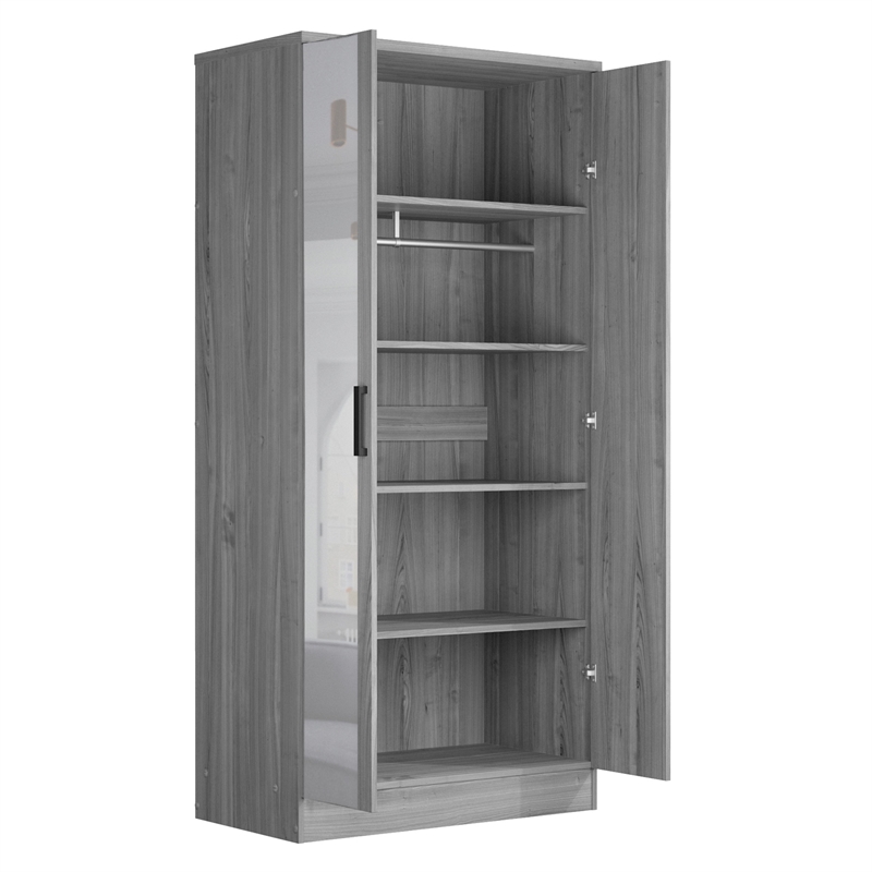 Better Home Products Harmony Two Door Armoire Wardrobe with Mirror in Gray