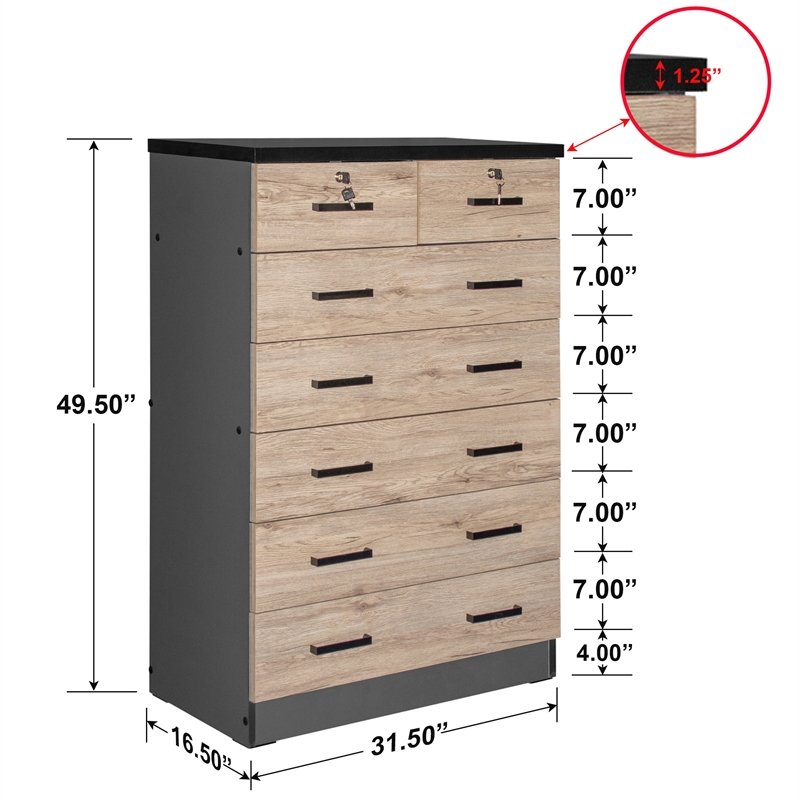 Better Home Products Cindy 7 Drawer Chest Wooden Dresser Natural Oak & Dark Gray