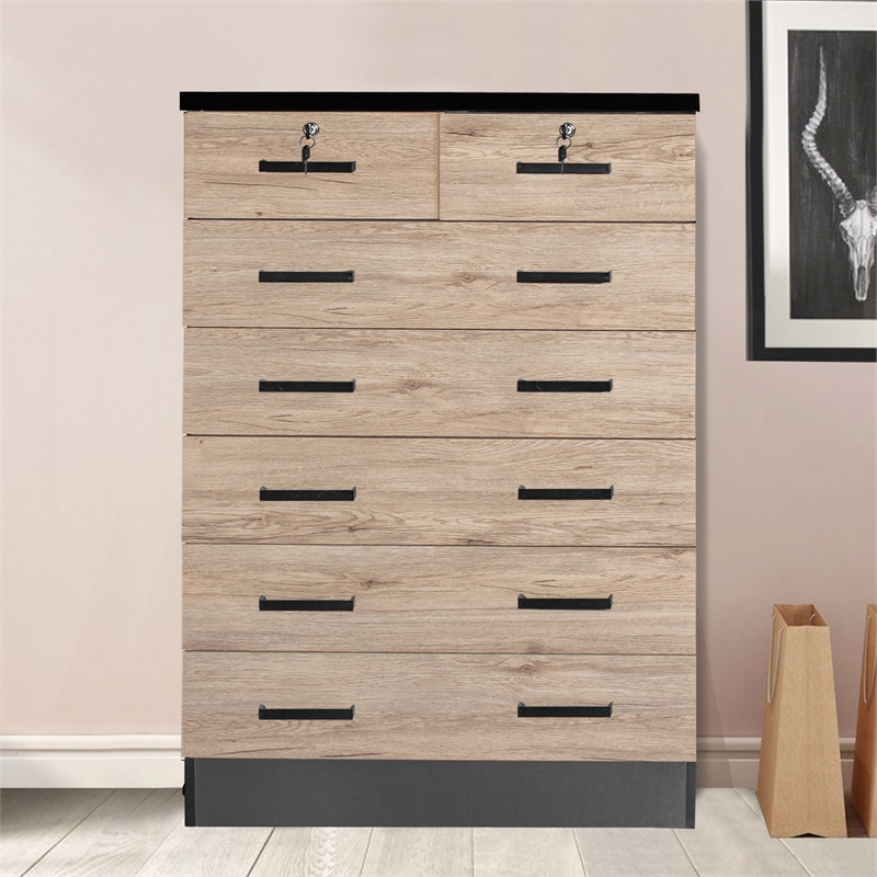 Better Home Products Cindy 7 Drawer Chest Wooden Dresser Natural Oak & Dark Gray