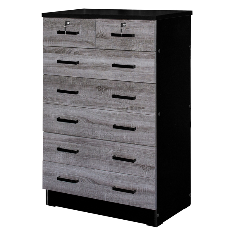Better Home Products Cindy 7 Drawer Chest Wooden Dresser in Gray & Black