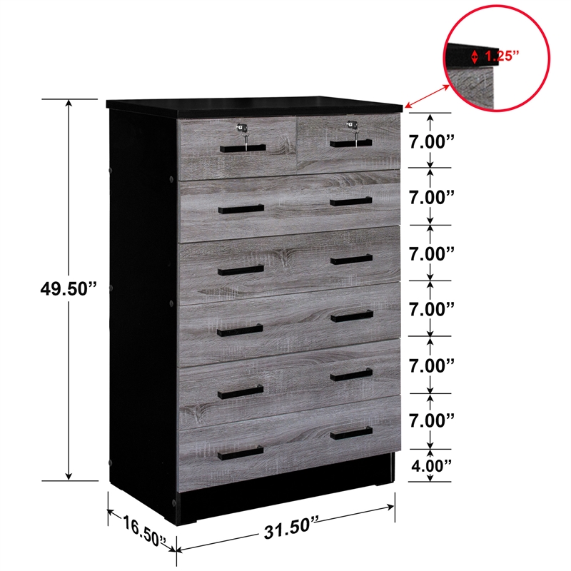 Better Home Products Cindy 7 Drawer Chest Wooden Dresser in Gray & Black