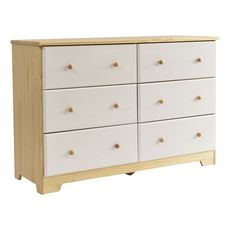 Better Home Products Solid Pine Wood 6 Drawer Double Dresser in Natural & White.