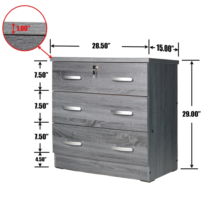 Better Home Products 3 Drawer Engineered Wood Chest Bedroom Dresser in Gray