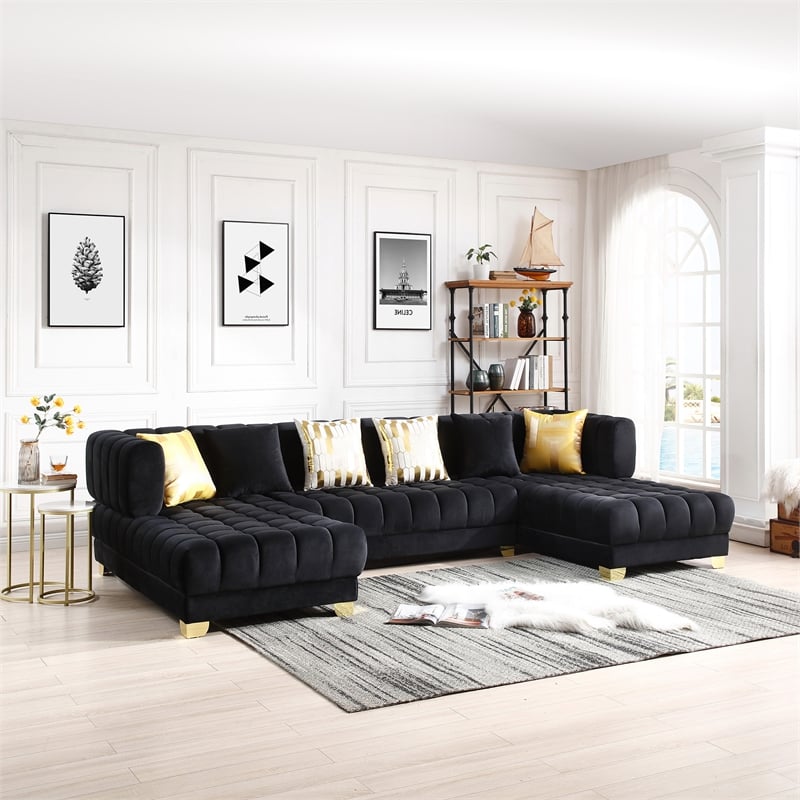 Better Home Products Marigold U-Shaped Velvet Sectional Sofa in Black