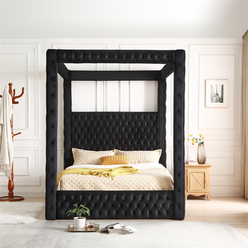 Better Home Products Dream 70.5 x89 Velvet Upholstered Queen Canopy Bed in Black