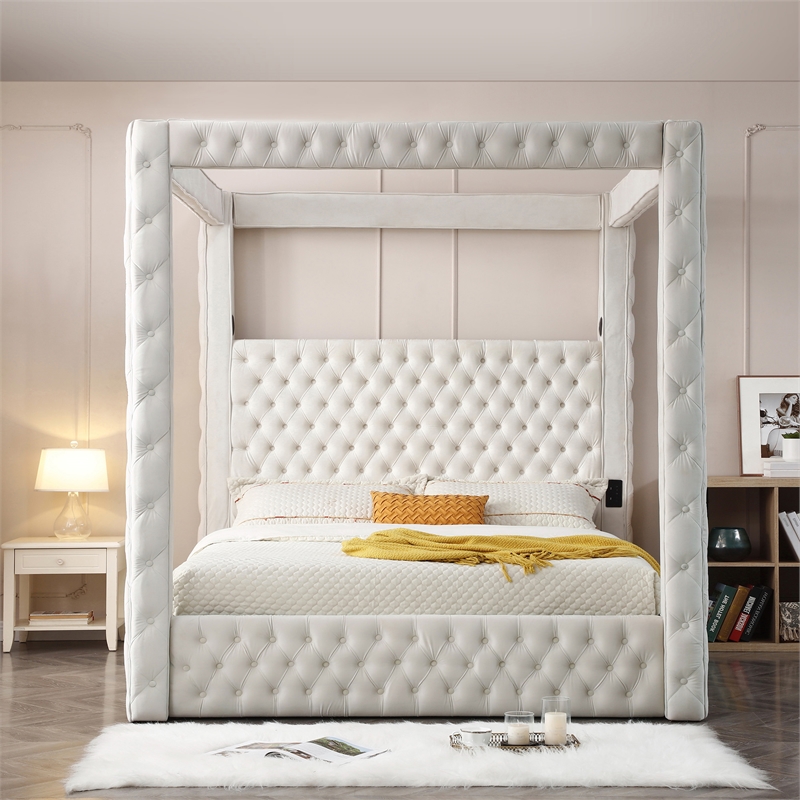 Better Home Products Dream 86.5 x 89 Velvet Upholstered King Canopy Bed in Cream
