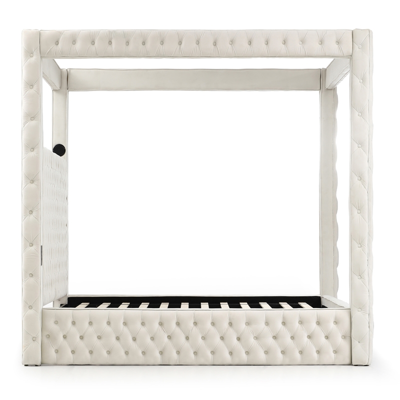 Better Home Products Dream 86.5 x 89 Velvet Upholstered King Canopy Bed in Cream