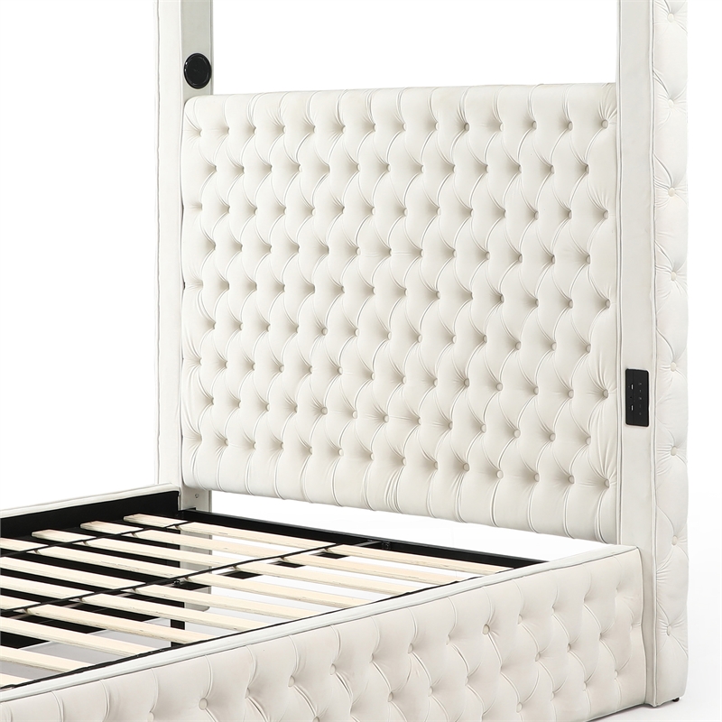 Better Home Products Dream 86.5 x 89 Velvet Upholstered King Canopy Bed in Cream