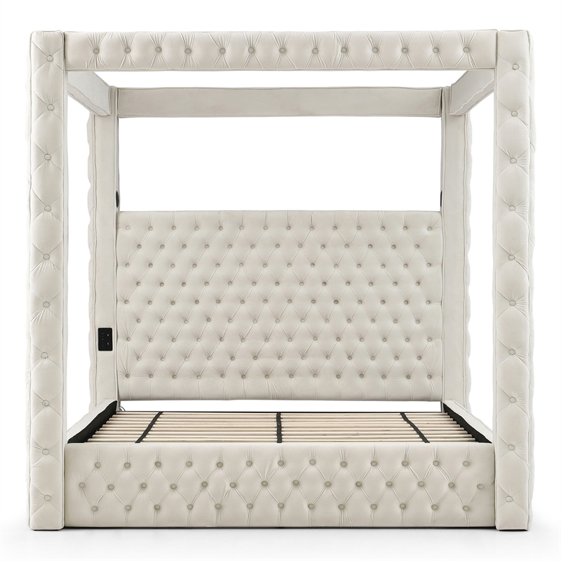 Better Home Products Dream 86.5 x 89 Velvet Upholstered King Canopy Bed in Cream