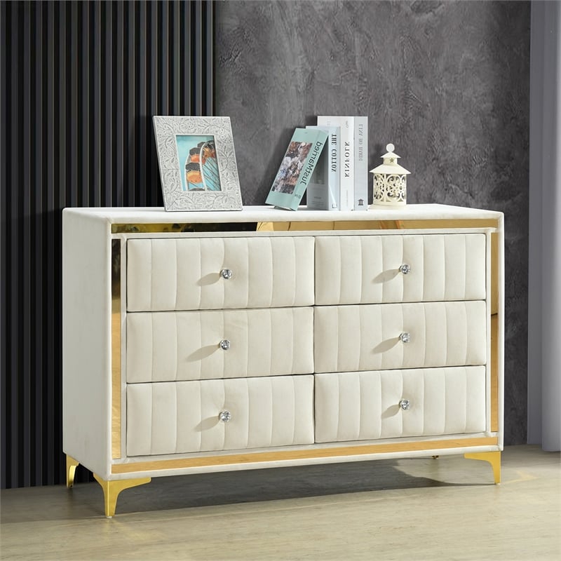 Better Home Products Velvet 6 Drawer Dresser with Gold Legs in Cream