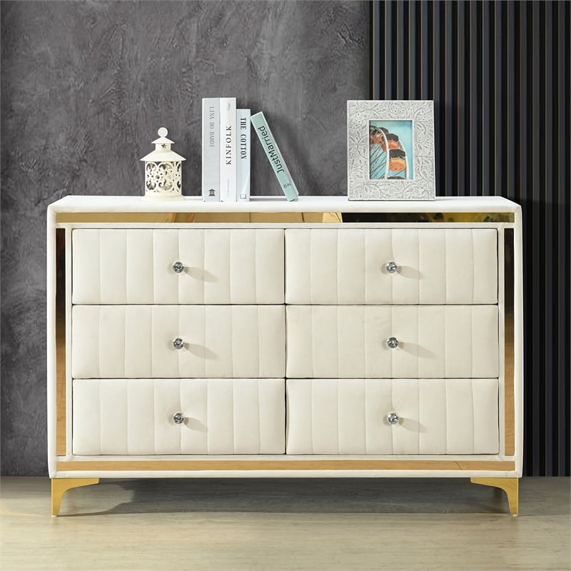 Better Home Products Velvet 6 Drawer Dresser with Gold Legs in Cream