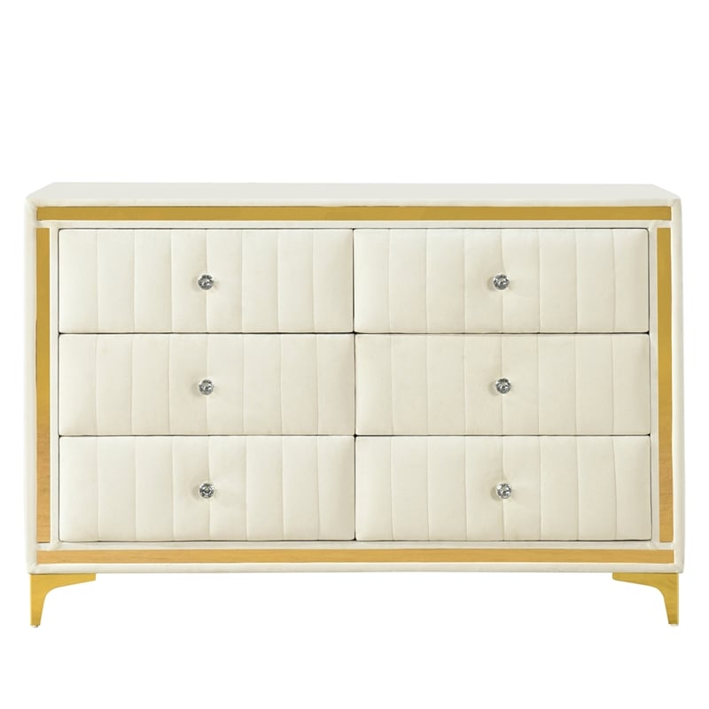 Better Home Products Velvet 6 Drawer Dresser with Gold Legs in Cream