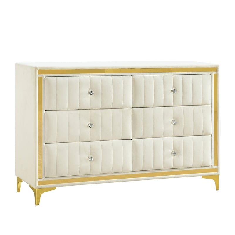 Better Home Products Velvet 6 Drawer Dresser with Gold Legs in Cream