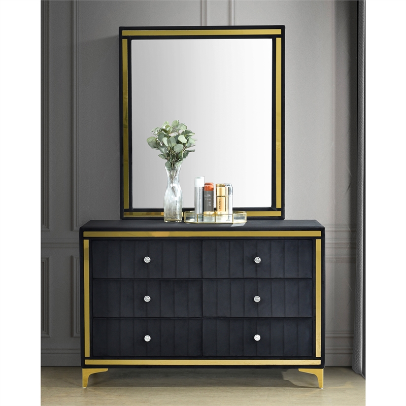 Better Home Products Velvet 6 Drawer Dresser with Mirror and Gold Legs in Black