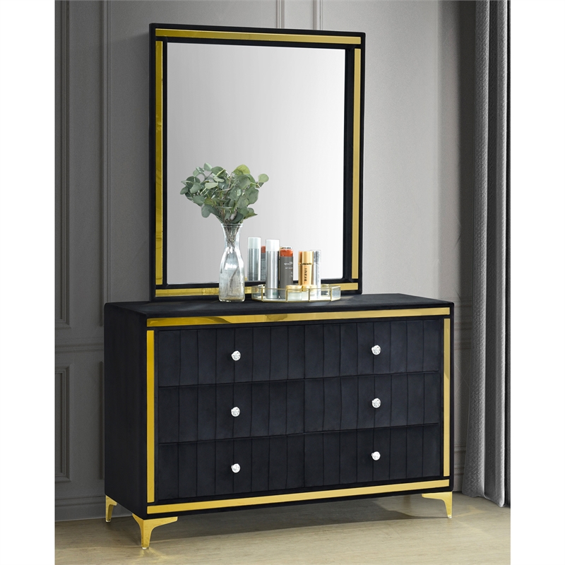 Better Home Products Velvet 6 Drawer Dresser with Mirror and Gold Legs in Black