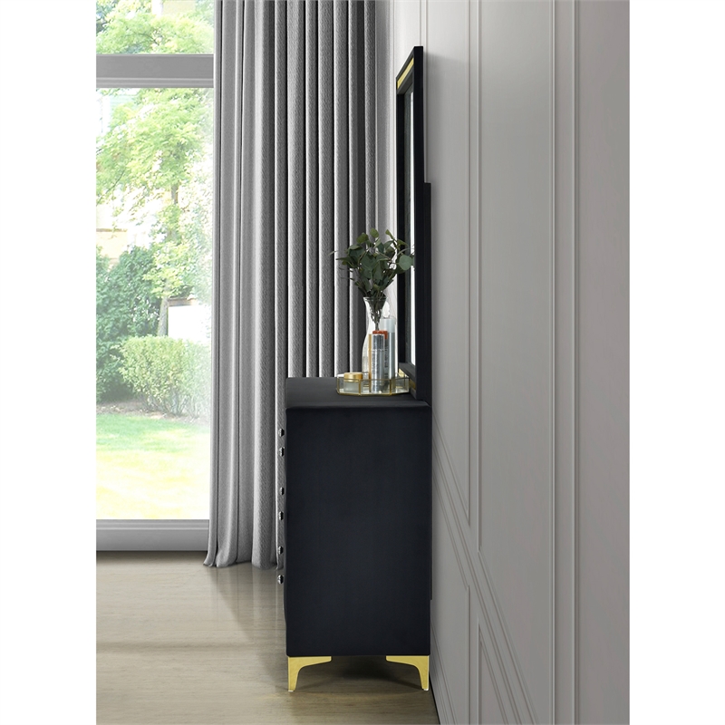 Better Home Products Velvet 6 Drawer Dresser with Mirror and Gold Legs in Black