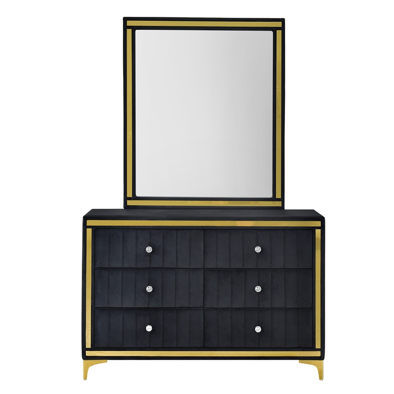 Better Home Products Velvet 6 Drawer Dresser with Mirror and Gold Legs in Black