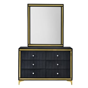 Better Home Products Velvet 6 Drawer Dresser with Mirror and Gold Legs in Black