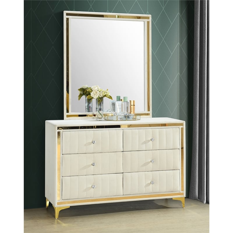 Better Home Products Velvet 6 Drawer Dresser with Mirror and Gold Legs in Cream