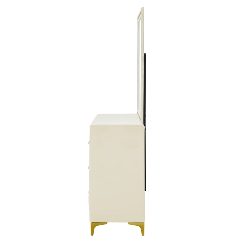 Better Home Products Velvet 6 Drawer Dresser with Mirror and Gold Legs in Cream