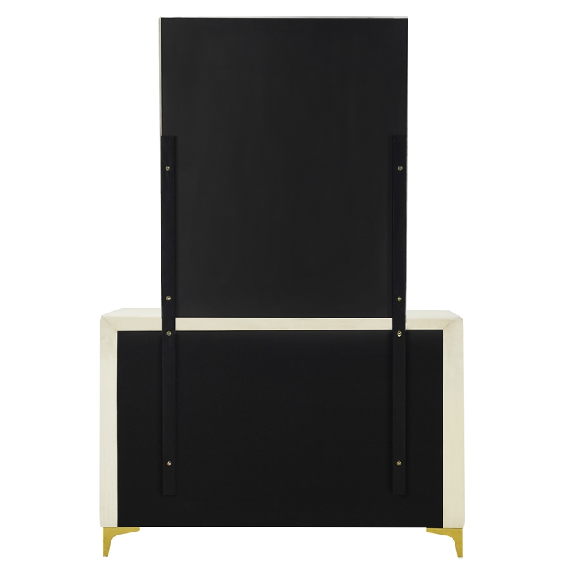 Better Home Products Velvet 6 Drawer Dresser with Mirror and Gold Legs in Cream