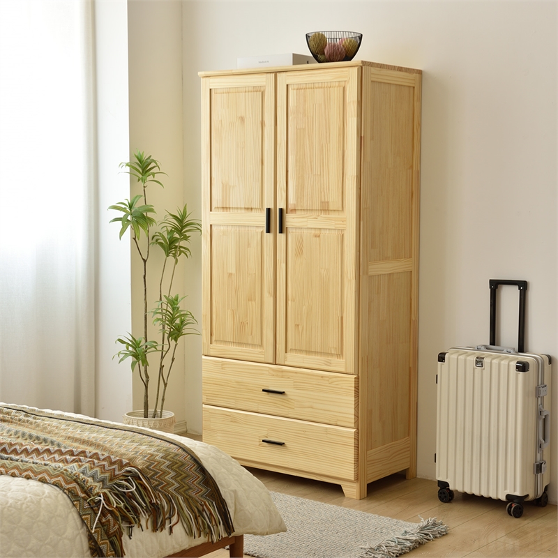 Better Home Products Pine Wood Closet with Raised Doors and 2-Drawers in Natural