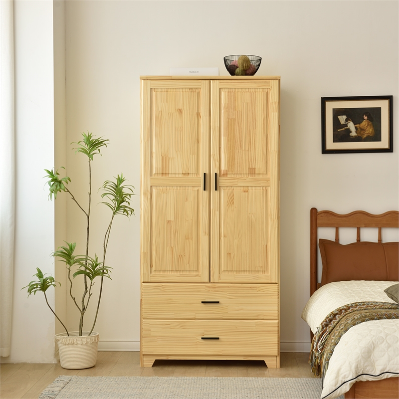 Better Home Products Pine Wood Closet with Raised Doors and 2-Drawers in Natural