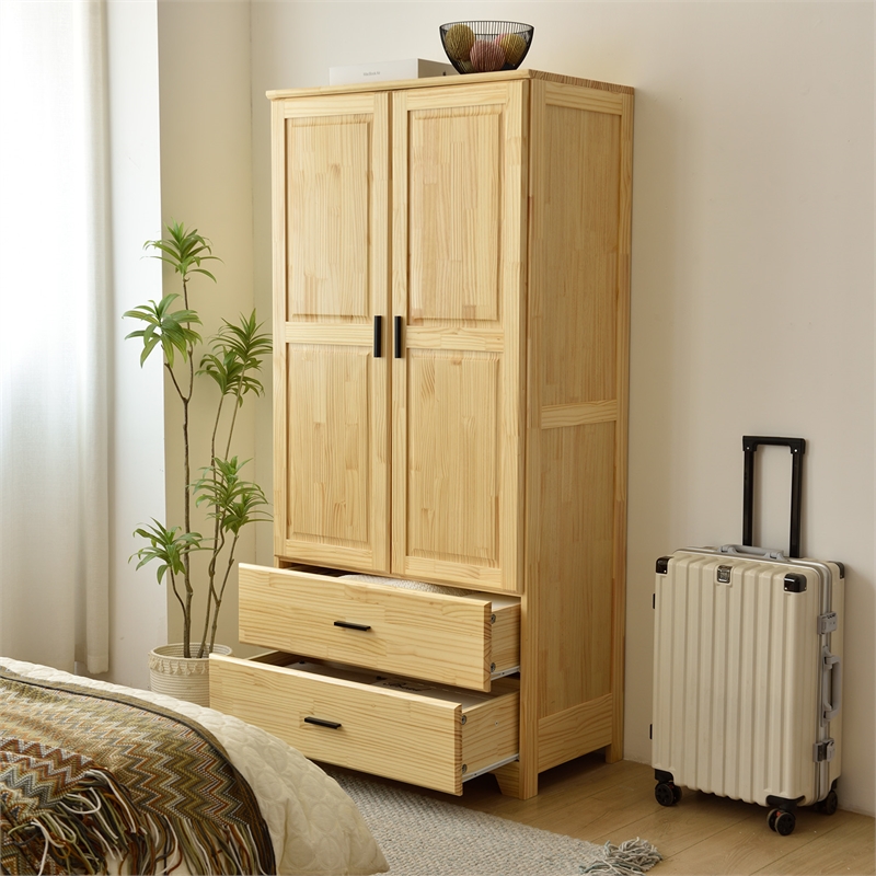 Better Home Products Pine Wood Closet with Raised Doors and 2-Drawers in Natural
