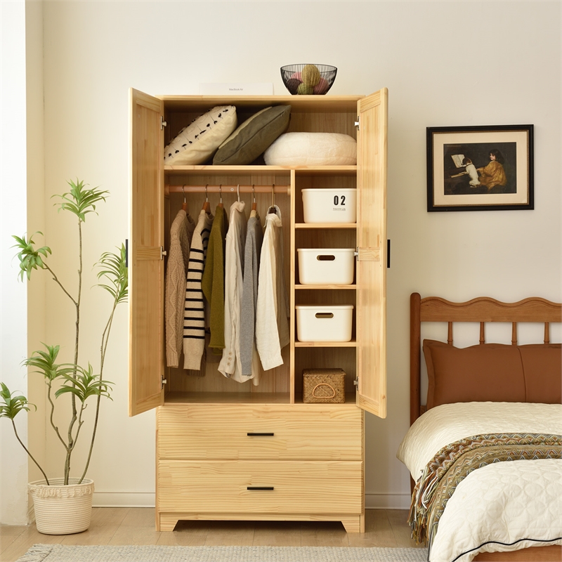 Better Home Products Pine Wood Closet with Raised Doors and 2-Drawers in Natural