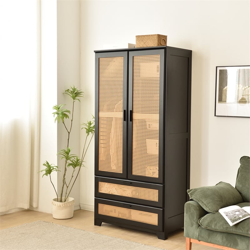 Better Home Products Pine Wood Closet with Rattan Doors and 2-Drawers in Black