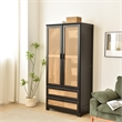 Better Home Products Pine Wood Closet with Rattan Doors and 2-Drawers in Black