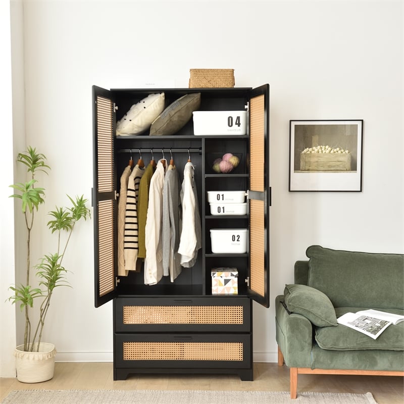 Better Home Products Pine Wood Closet with Rattan Doors and 2-Drawers in Black