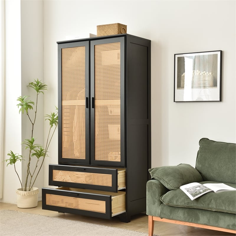 Better Home Products Pine Wood Closet with Rattan Doors and 2-Drawers in Black