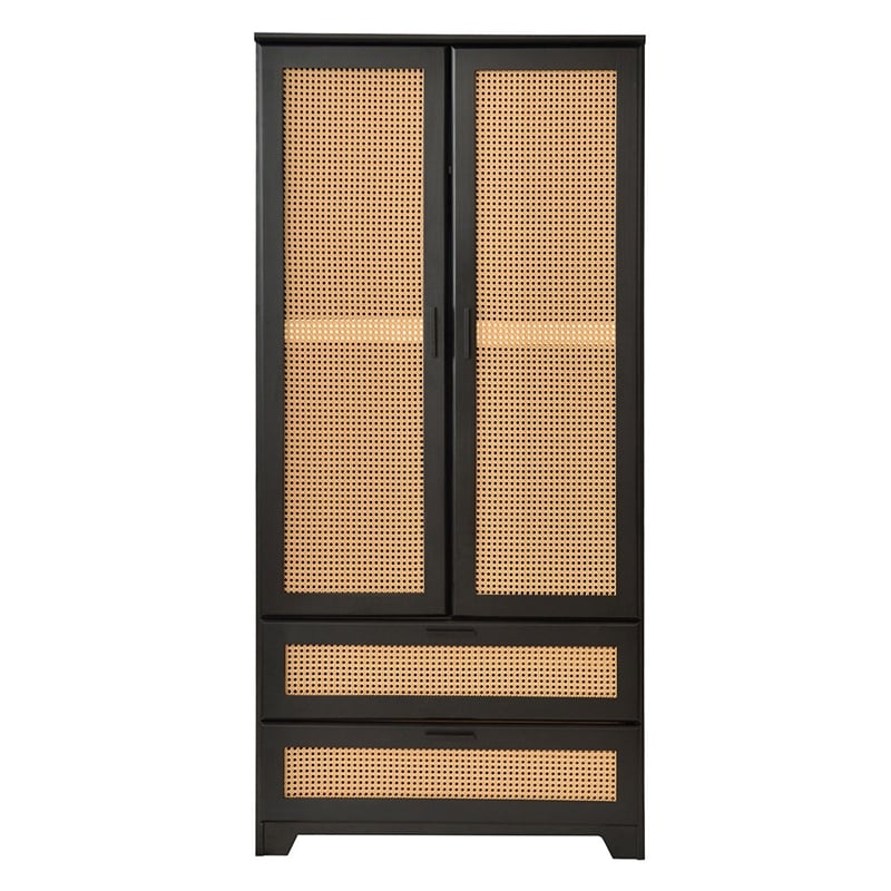 Better Home Products Pine Wood Closet with Rattan Doors and 2-Drawers in Black