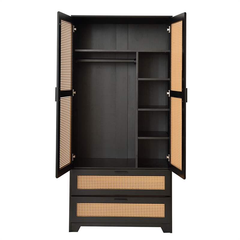 Better Home Products Pine Wood Closet with Rattan Doors and 2-Drawers in Black