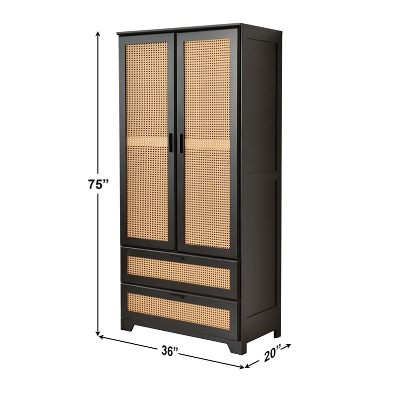 Better Home Products Pine Wood Closet with Rattan Doors and 2-Drawers in Black
