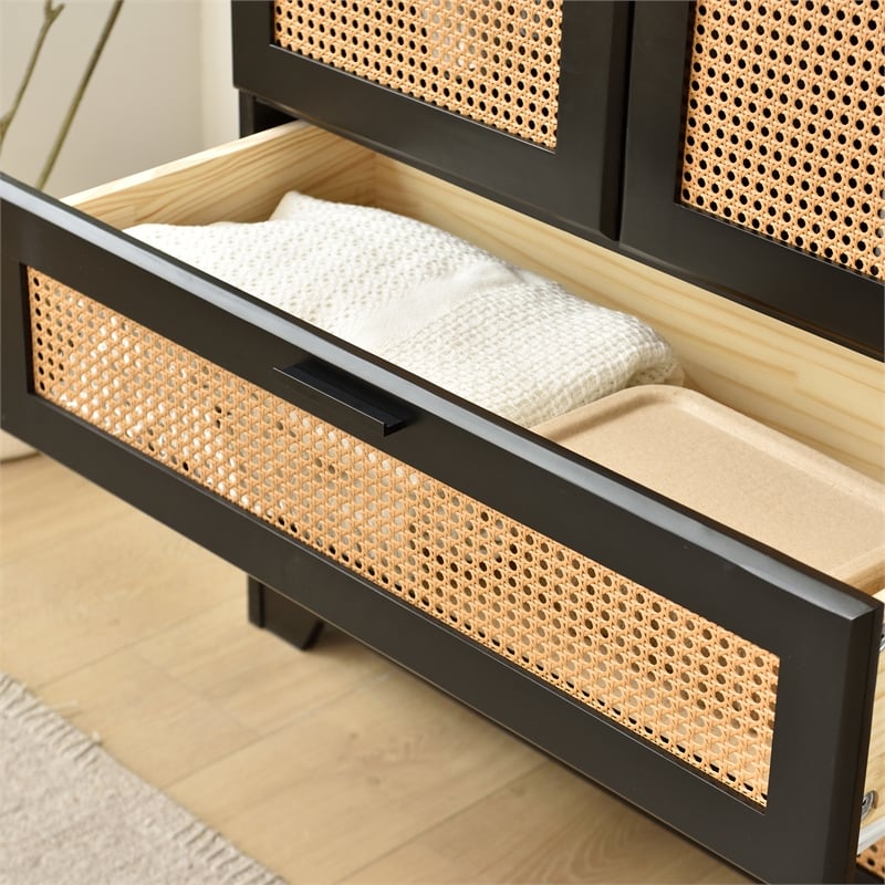 Better Home Products Pine Wood Closet with Rattan Doors and 2-Drawers in Black