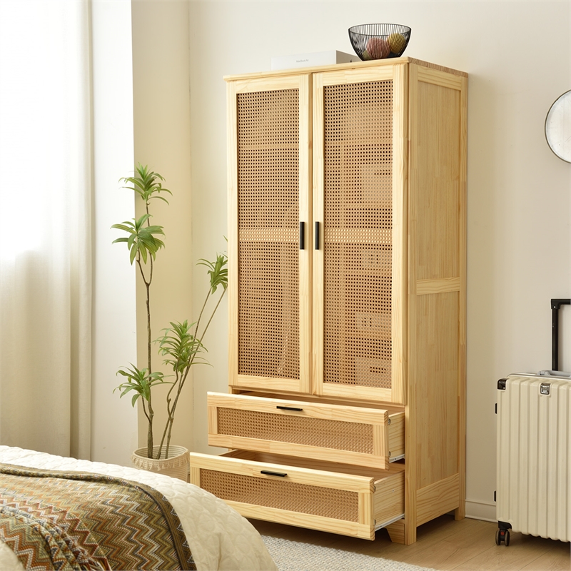 Better Home Products Pine Wood Closet with Rattan Doors and 2-Drawers in Natural