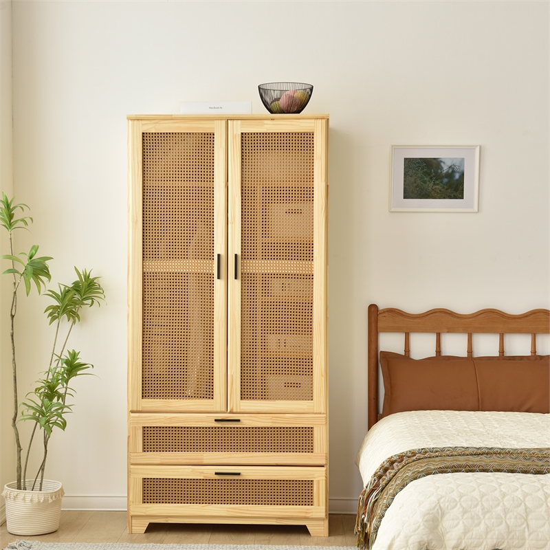 Better Home Products Pine Wood Closet with Rattan Doors and 2-Drawers in Natural