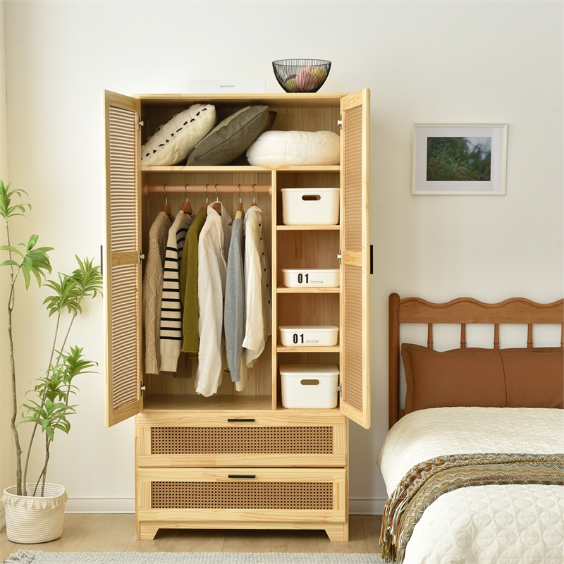 Better Home Products Pine Wood Closet with Rattan Doors and 2-Drawers in Natural