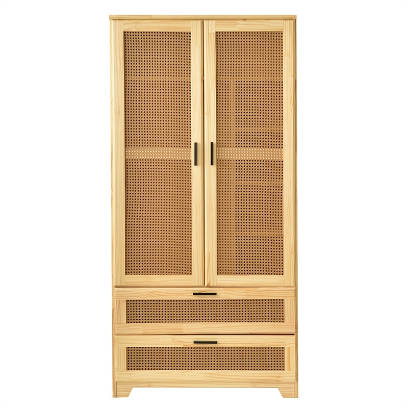 Better Home Products Pine Wood Closet with Rattan Doors and 2-Drawers in Natural
