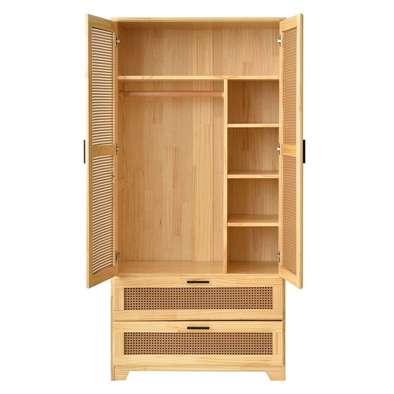 Better Home Products Pine Wood Closet with Rattan Doors and 2-Drawers in Natural