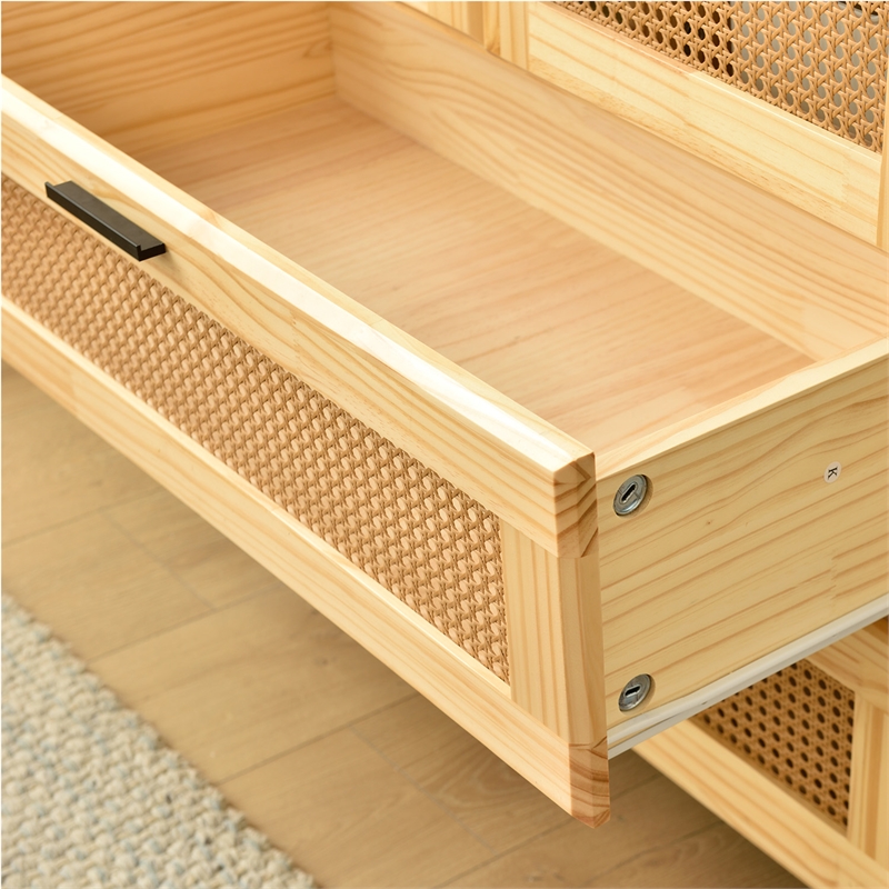 Better Home Products Pine Wood Closet with Rattan Doors and 2-Drawers in Natural