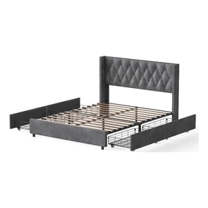 Better Home Products Amelia 4-Drawer Velvet Queen Size Platform Bed in Gray