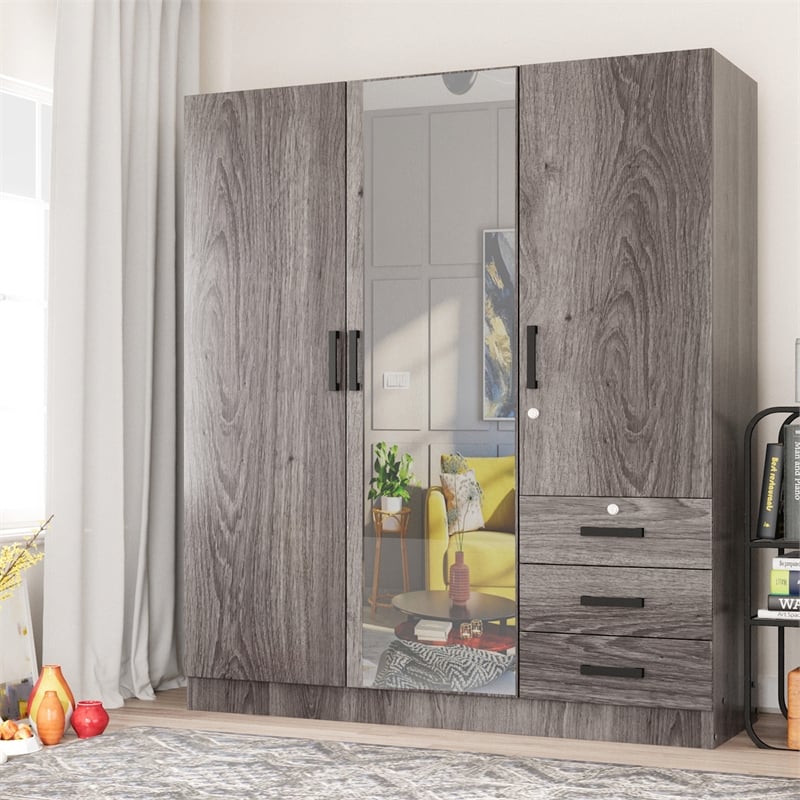 Better Home Product Violet Engineered Wood Wardrobe Armoire with Mirror in Gray
