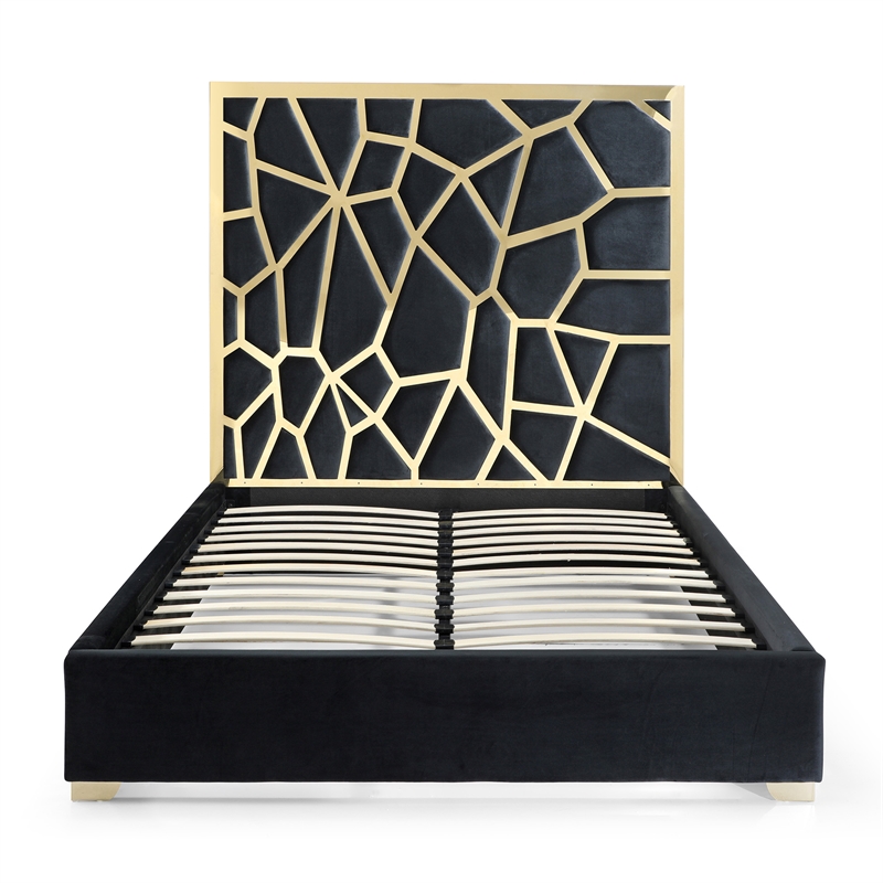 Serenity Queen Velvet Bed with Gold Metal Frame in Black Color